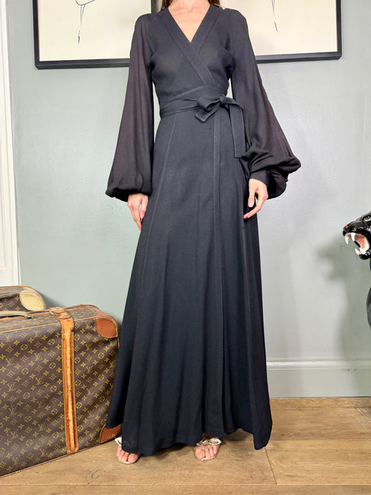 Ossie Clark, 70s black crepe wrap over dress
