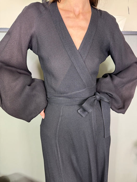 Ossie Clark, 70s black crepe wrap over dress