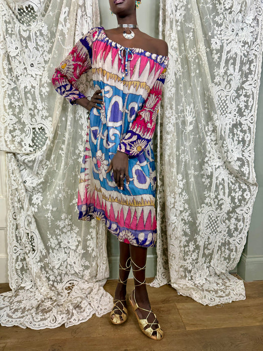 Savriti, 70s silk chiffon beaded print dress