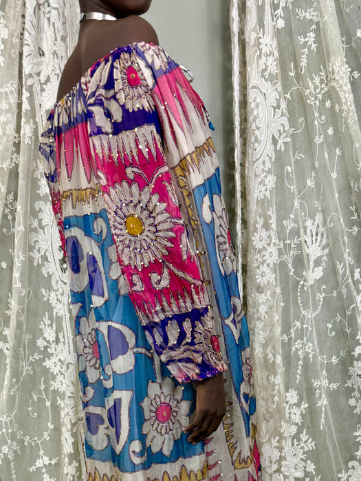 Savriti, 70s silk chiffon beaded print dress