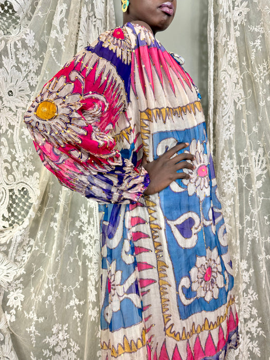 Savriti, 70s silk chiffon beaded print dress