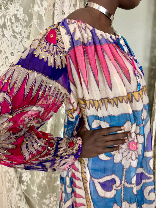 Savriti, 70s silk chiffon beaded print dress
