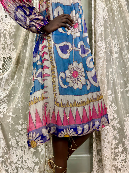 Savriti, 70s silk chiffon beaded print dress