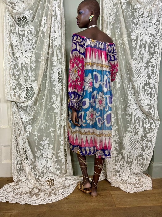 Savriti, 70s silk chiffon beaded print dress