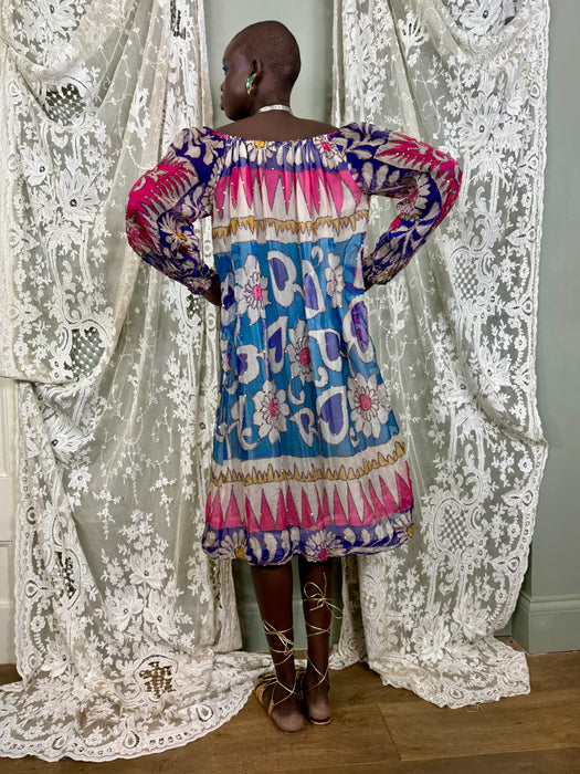Savriti, 70s silk chiffon beaded print dress