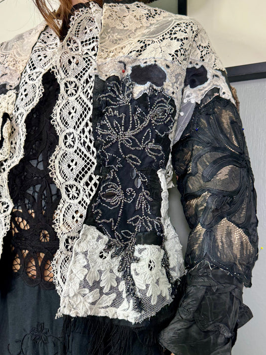 Orla, Victorian jacket with antique lace and beading