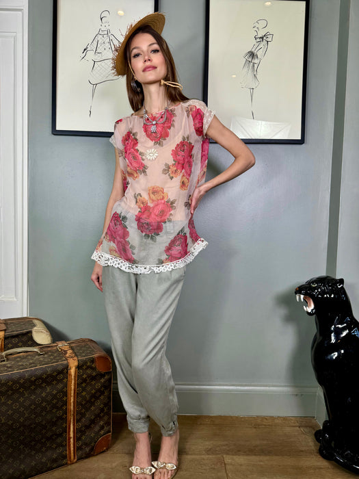 Desiré, 20s floral print and lace chiffon top