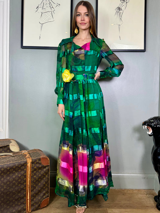 Tabitha, 70s emerald green silk hand painted dress