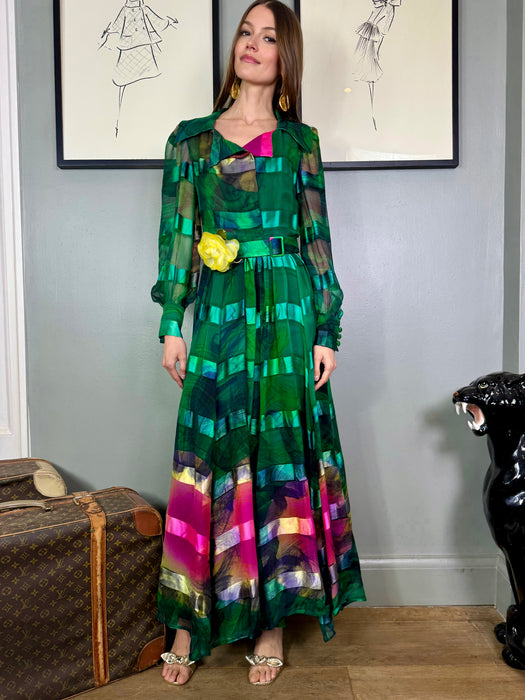Tabitha, 70s emerald green silk hand painted dress