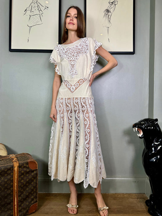 Coco, 70s cream and white crochet dress