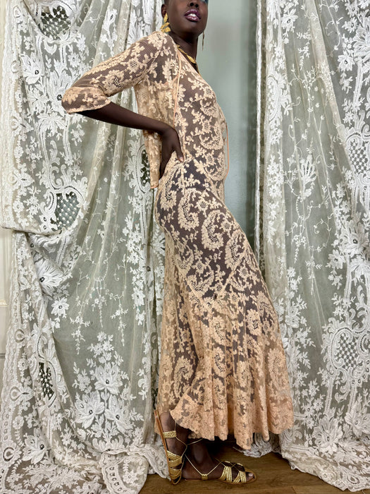 Vanity, 30s blush pink bias cut lace dress and bolero