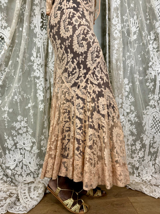 Vanity, 30s blush pink bias cut lace dress and bolero