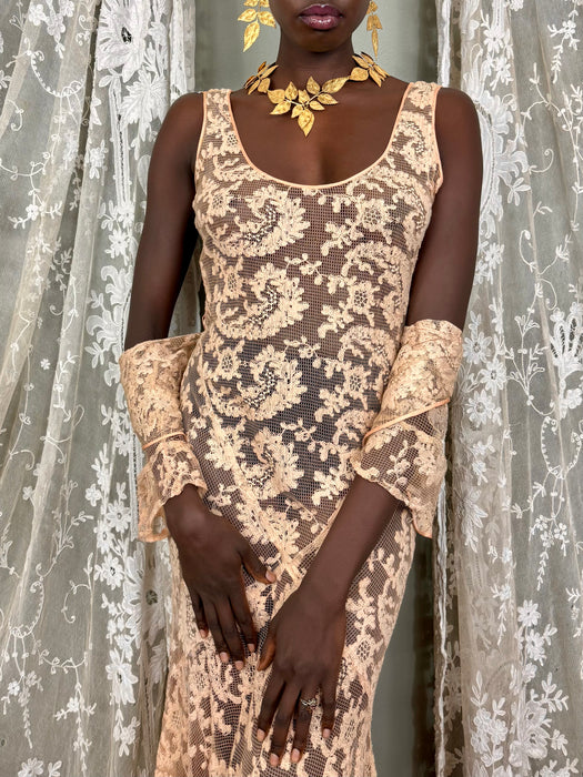 Vanity, 30s blush pink bias cut lace dress and bolero