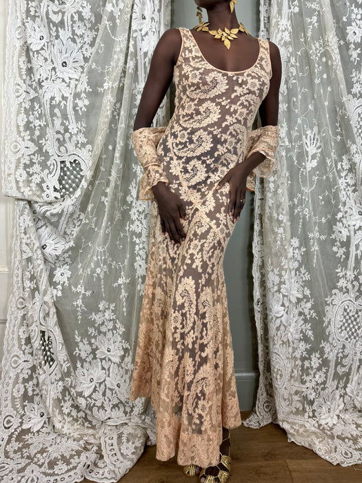 Vanity, 30s blush pink bias cut lace dress and bolero