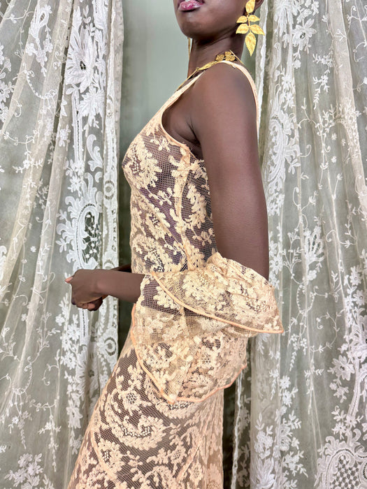 Vanity, 30s blush pink bias cut lace dress and bolero