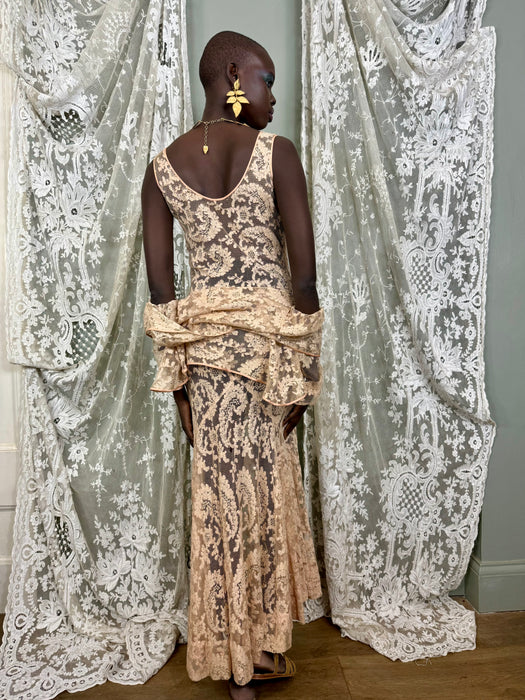 Vanity, 30s blush pink bias cut lace dress and bolero