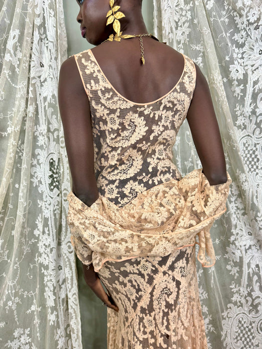 Vanity, 30s blush pink bias cut lace dress and bolero