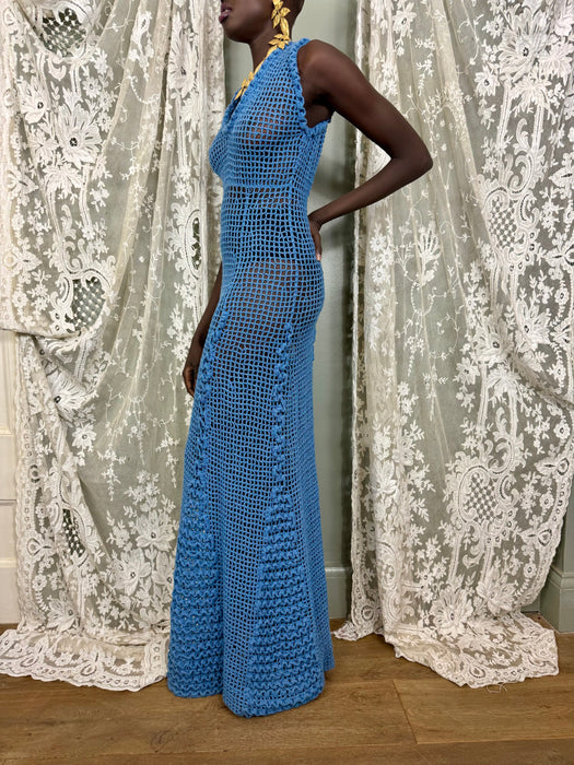 Gloria, 70s sky blue crochet long dress