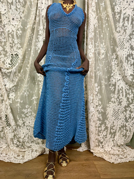 Gloria, 70s sky blue crochet long dress
