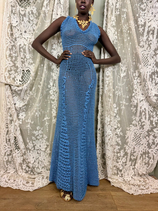 Gloria, 70s sky blue crochet long dress