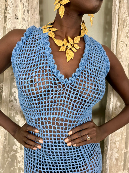 Gloria, 70s sky blue crochet long dress