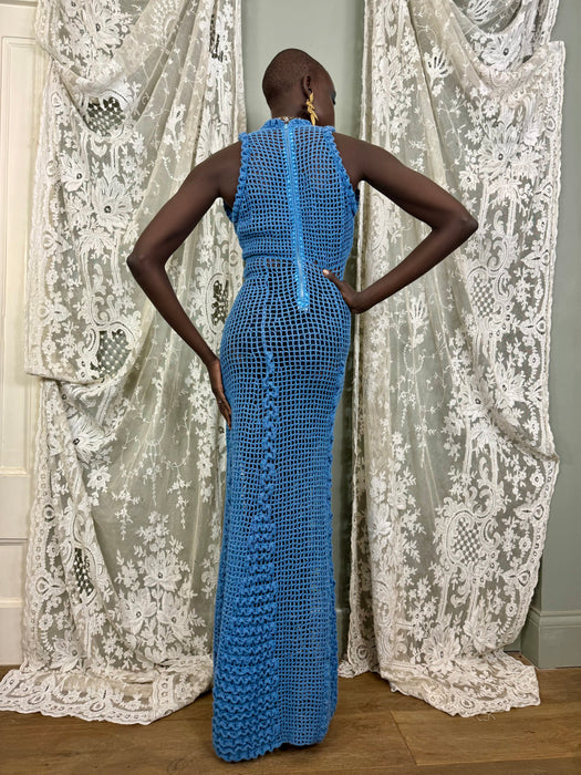 Gloria, 70s sky blue crochet long dress