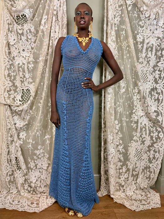 Gloria, 70s sky blue crochet long dress One Vintage Gloria, 70s sky blue crochet long dress One Vintage