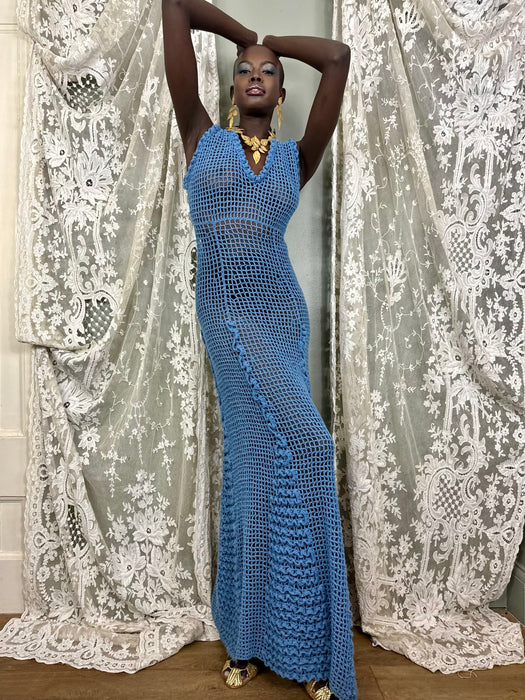 Gloria, 70s sky blue crochet long dress