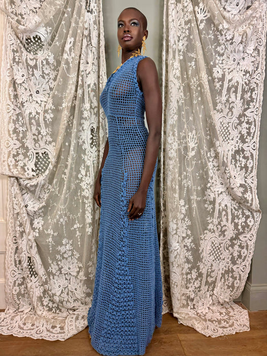 Gloria, 70s sky blue crochet long dress