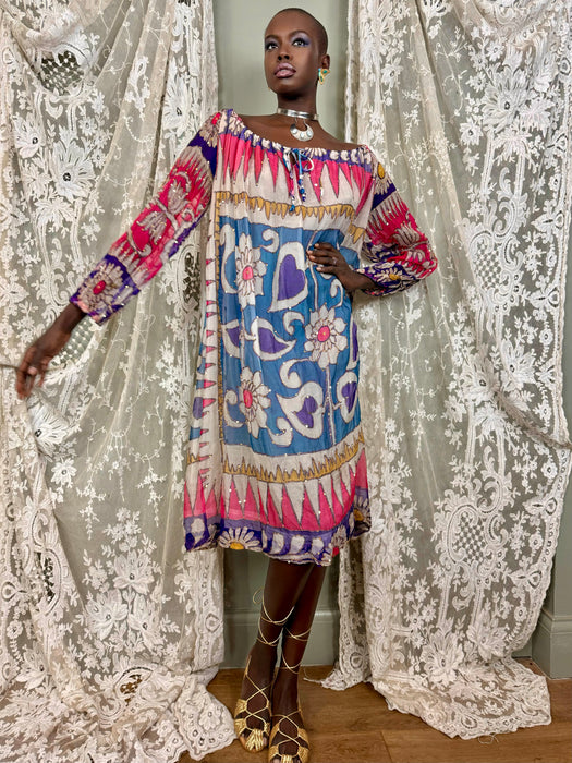 Savriti, 70s silk chiffon beaded print dress