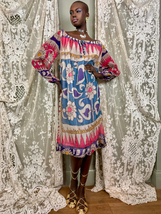 Savriti, 70s silk chiffon beaded print dress