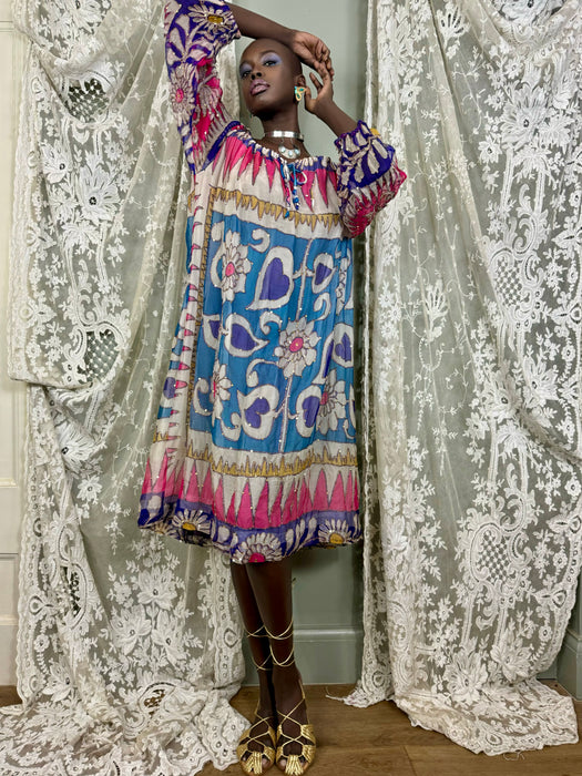 Savriti, 70s silk chiffon beaded print dress