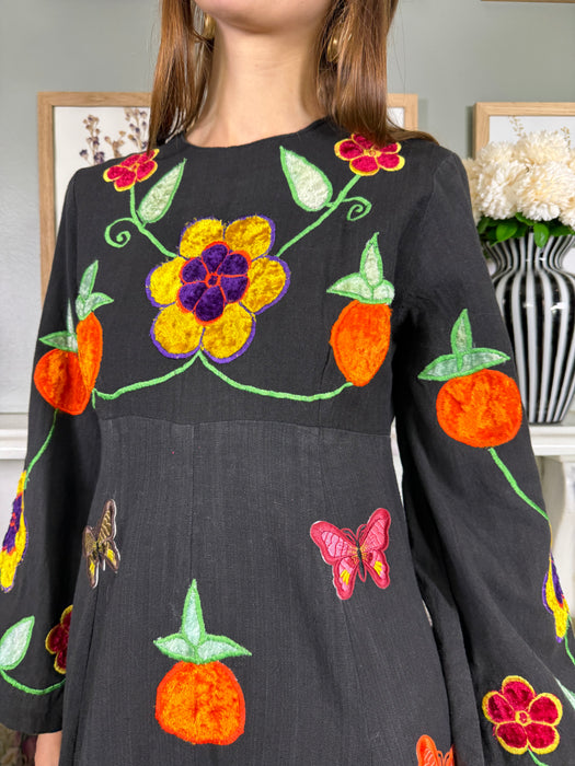 Bella, bohemian 70s embroidered cotton dress