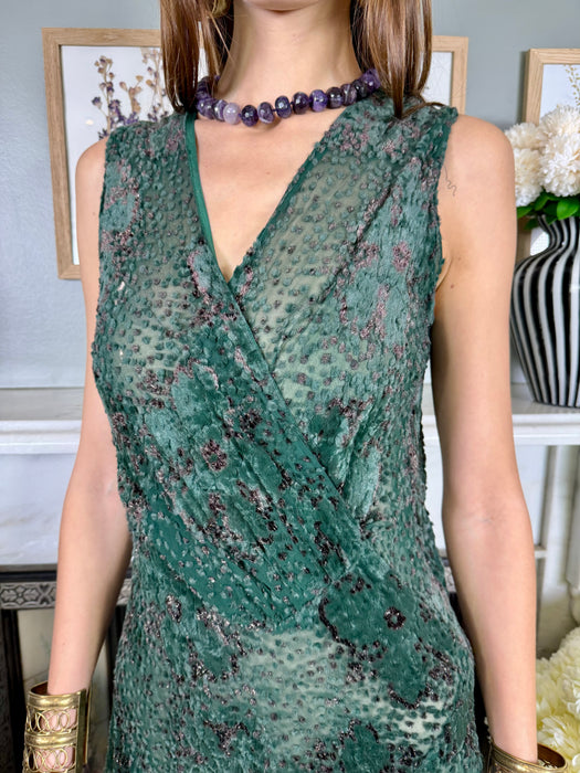 Kali, 30s green devoré bias cut dress