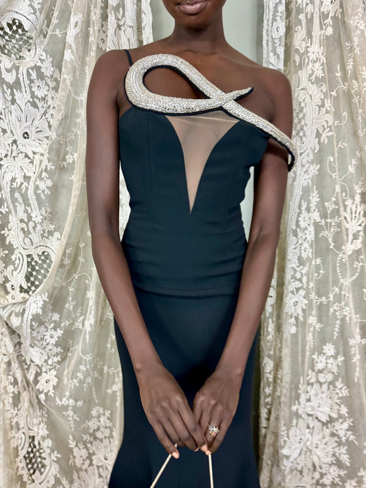 David Koma, black and rhinestone sculptural gown