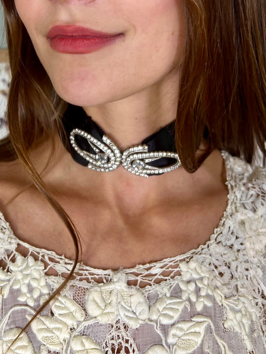 Usher, 20s diamanté clasp on black gros grain ribbon chocker/belt