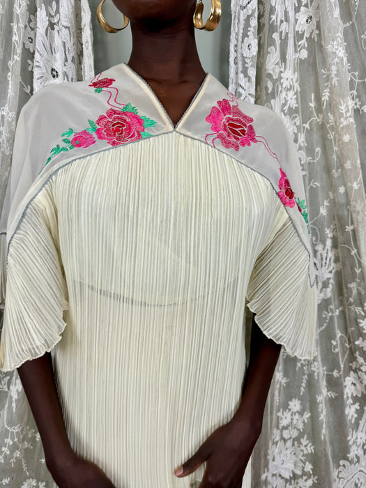 Janice Wainwright, 70s floral pleated blouse and skirt
