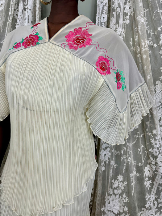 Janice Wainwright, 70s floral pleated blouse and skirt