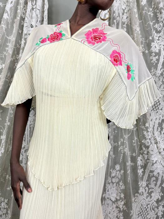 Janice Wainwright, 70s floral pleated blouse and skirt