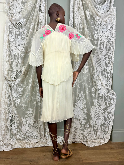 Janice Wainwright, 70s floral pleated blouse and skirt