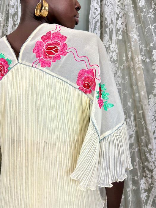 Janice Wainwright, 70s floral pleated blouse and skirt