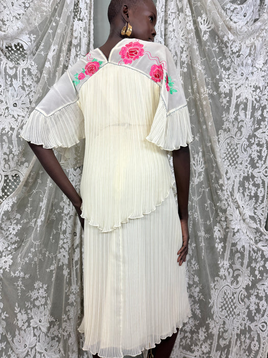Janice Wainwright, 70s floral pleated blouse and skirt