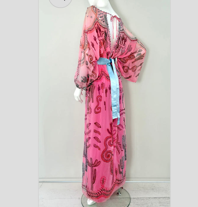 Zandra Rhodes, S/S 1976 Cactus and Cowboy collection chiffon print dress with sash