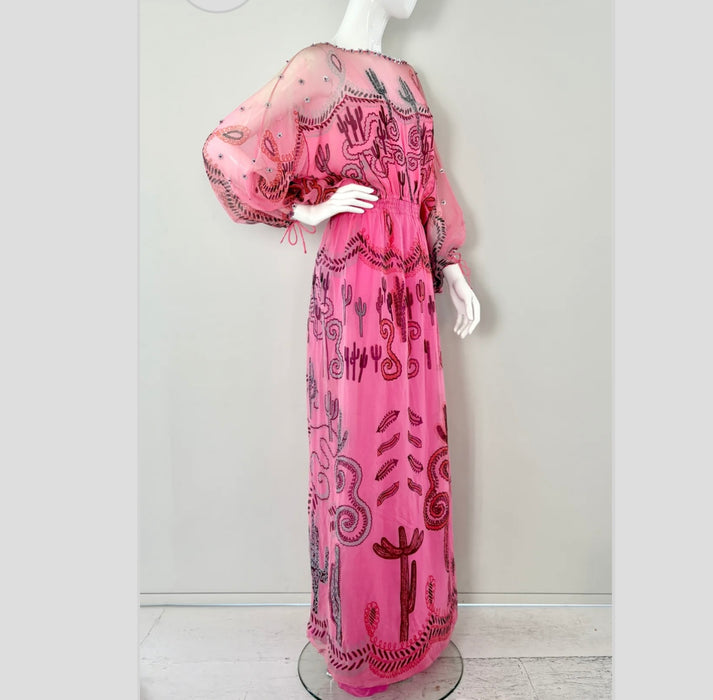 Zandra Rhodes, S/S 1976 Cactus and Cowboy collection chiffon print dress with sash