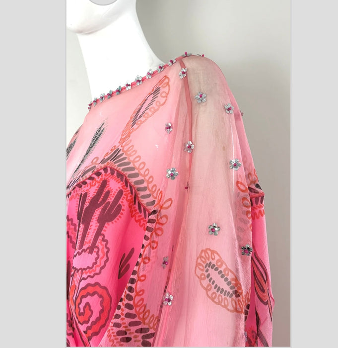 Zandra Rhodes, S/S 1976 Cactus and Cowboy collection chiffon print dress with sash