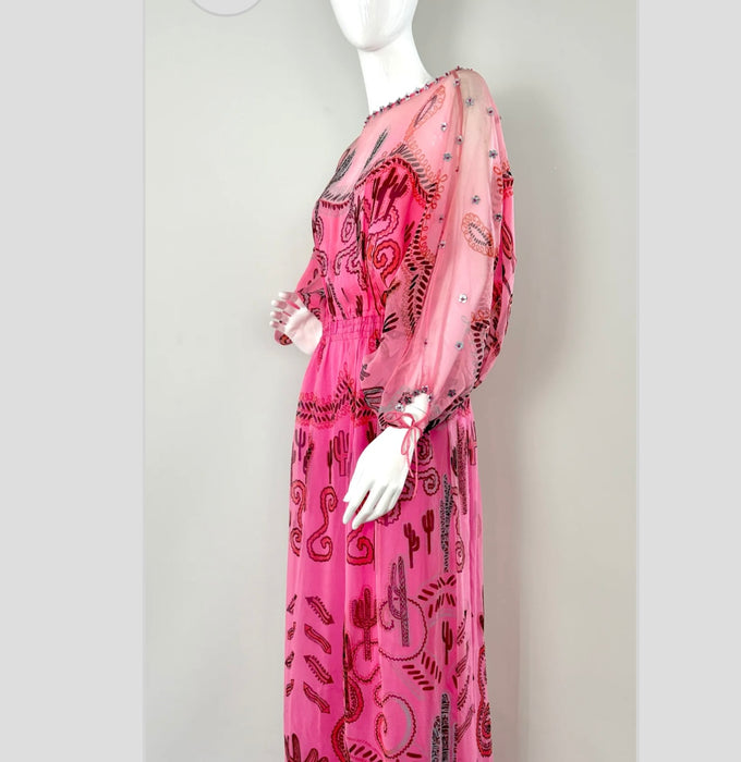 Zandra Rhodes, S/S 1976 Cactus and Cowboy collection chiffon print dress with sash