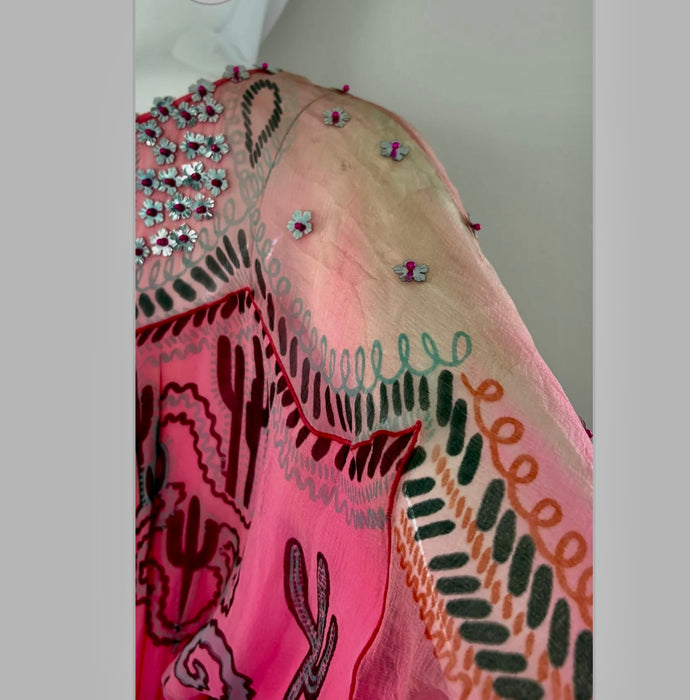 Zandra Rhodes, S/S 1976 Cactus and Cowboy collection chiffon print dress with sash
