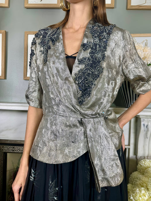 Magnus, 30s silver beaded lamé jacket