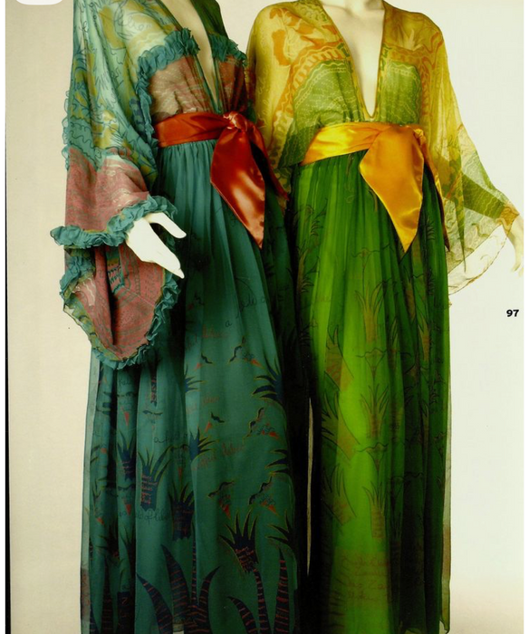 Zandra Rhodes, S/S 1976 Cactus and Cowboy collection chiffon print dress with sash