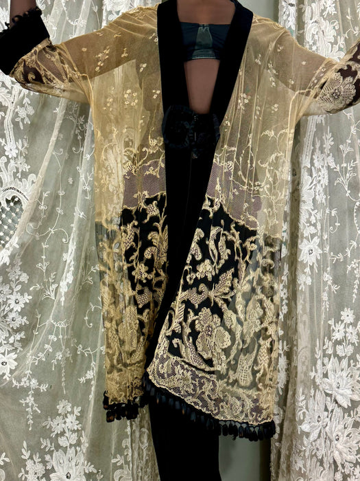 Portia, 30s cream and black fine lace coat